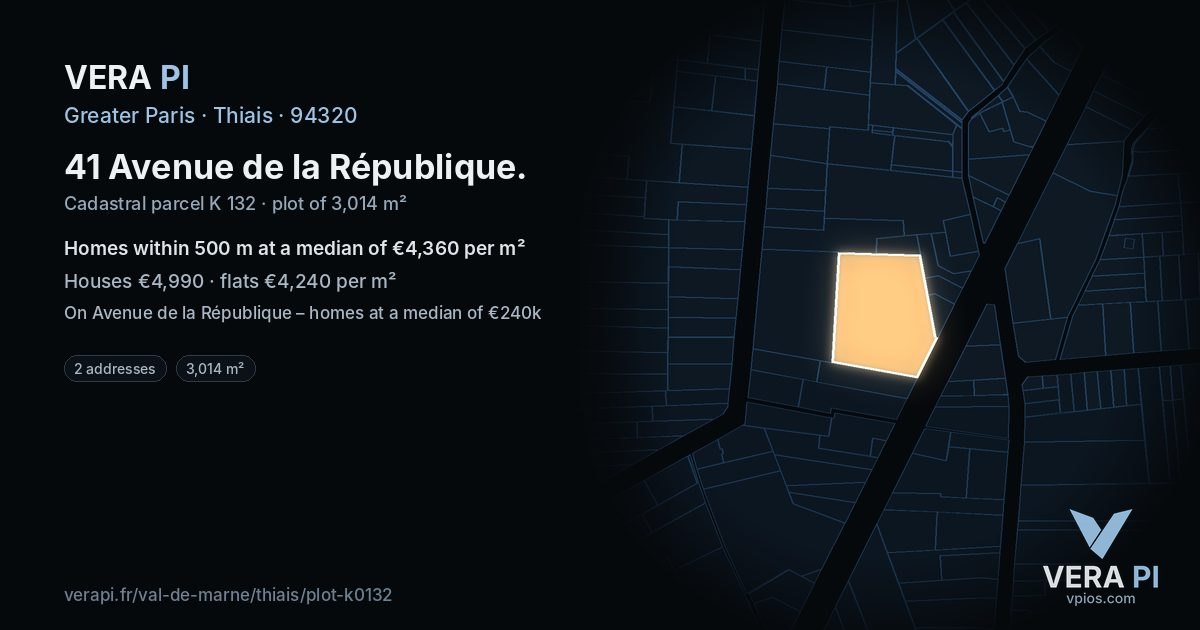 41 Avenue de la République, Thiais at night – the plot lit, the parcels around coloured by the prices near them
