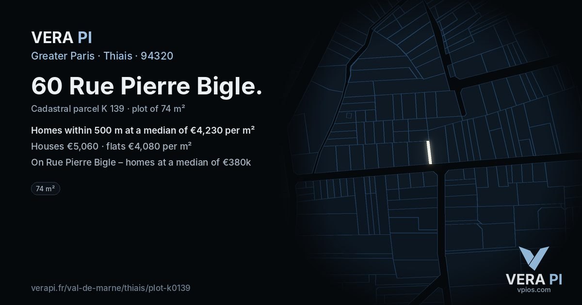 60 Rue Pierre Bigle, Thiais at night – the plot lit, the parcels around coloured by the prices near them
