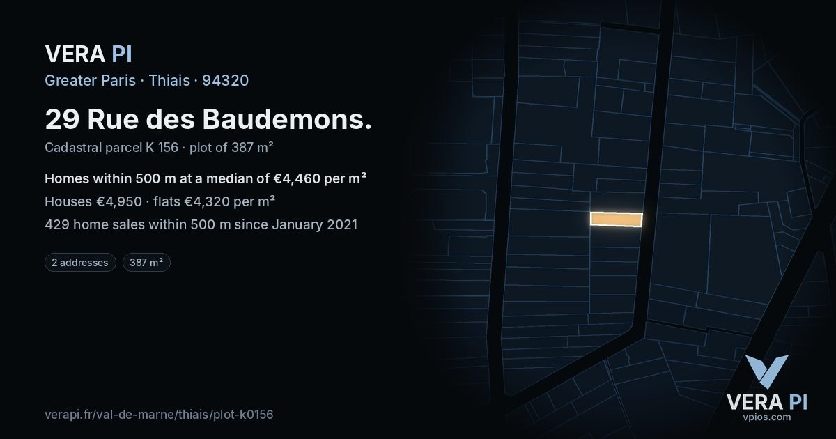 29 Rue des Baudemons, Thiais at night – the plot lit, the parcels around coloured by the prices near them