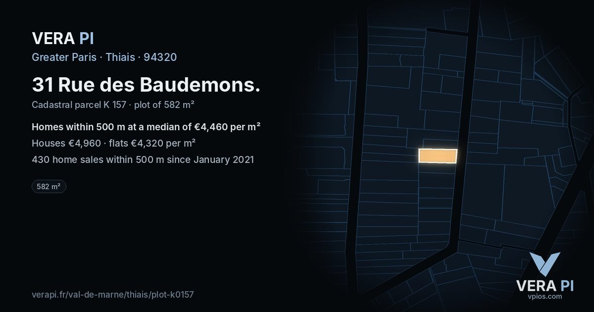 31 Rue des Baudemons, Thiais at night – the plot lit, the parcels around coloured by the prices near them