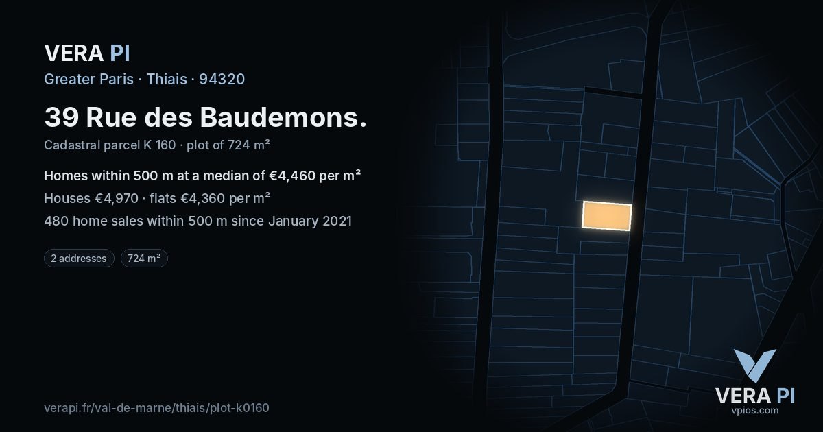 39 Rue des Baudemons, Thiais at night – the plot lit, the parcels around coloured by the prices near them