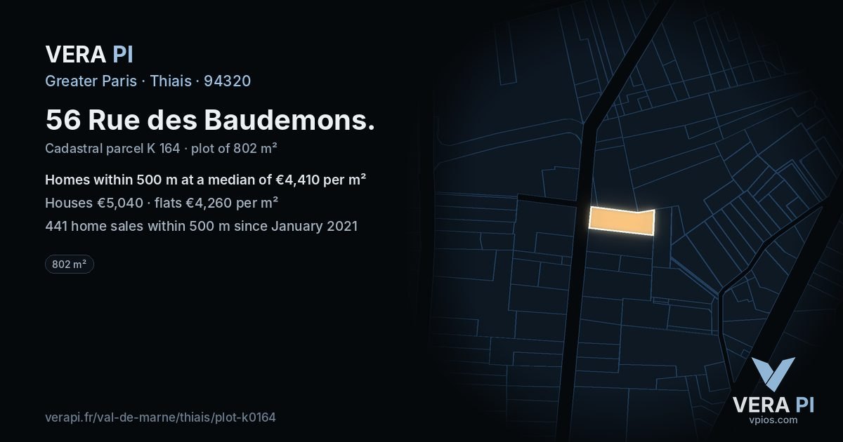 56 Rue des Baudemons, Thiais at night – the plot lit, the parcels around coloured by the prices near them
