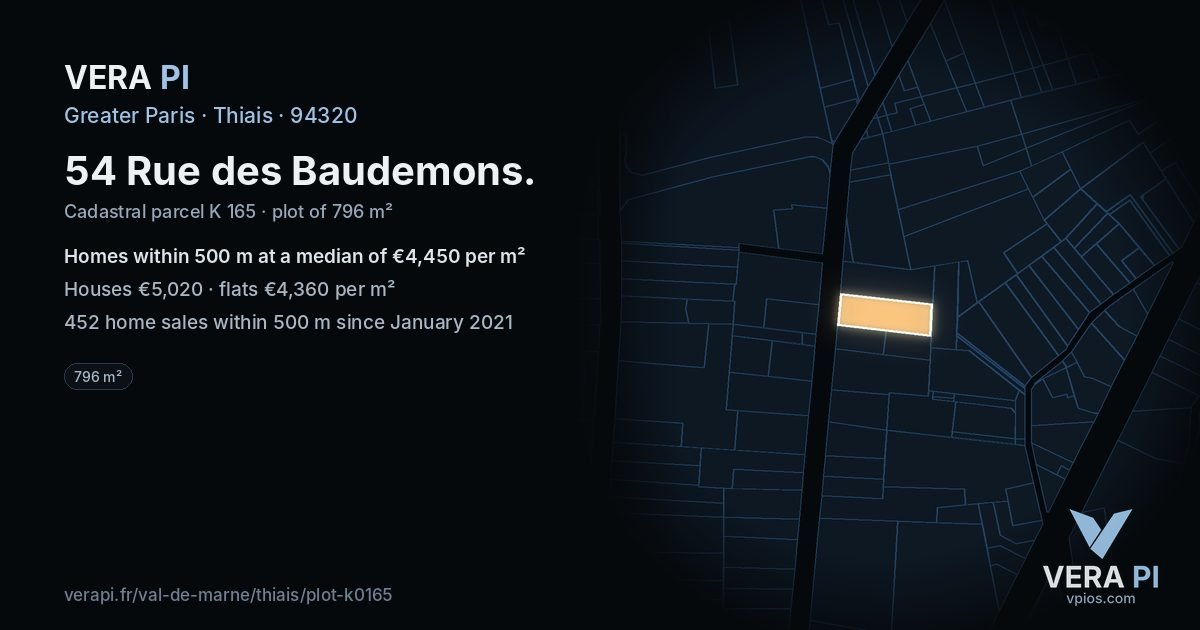 54 Rue des Baudemons, Thiais at night – the plot lit, the parcels around coloured by the prices near them