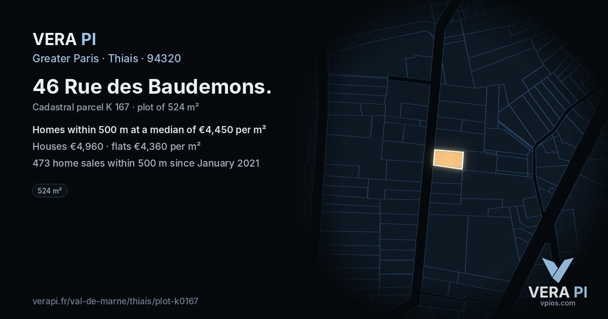 46 Rue des Baudemons, Thiais at night – the plot lit, the parcels around coloured by the prices near them