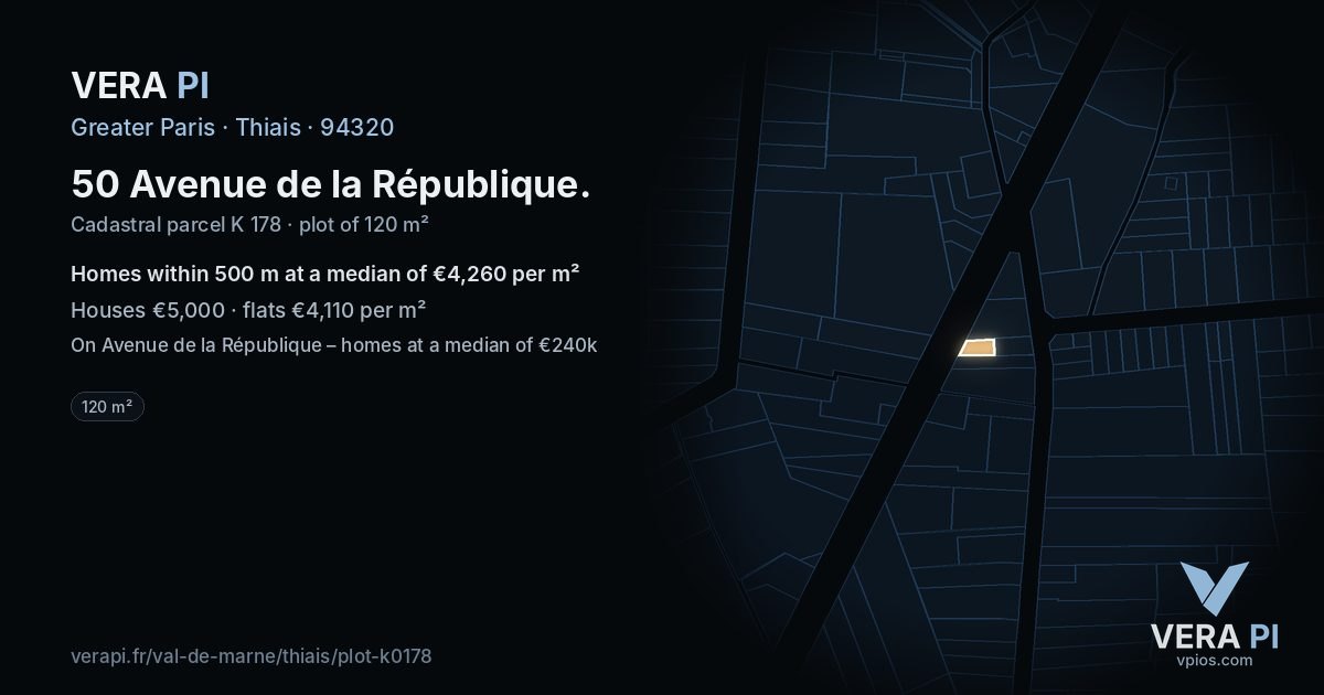 50 Avenue de la République, Thiais at night – the plot lit, the parcels around coloured by the prices near them