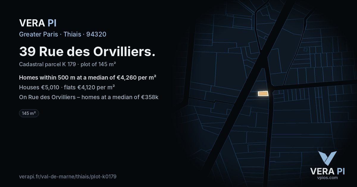 39 Rue des Orvilliers, Thiais at night – the plot lit, the parcels around coloured by the prices near them