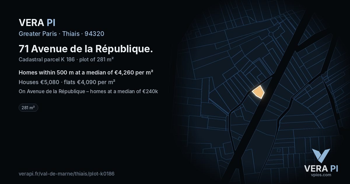 71 Avenue de la République, Thiais at night – the plot lit, the parcels around coloured by the prices near them