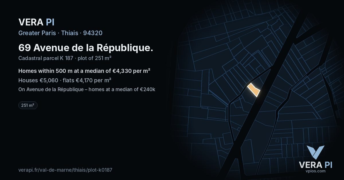 69 Avenue de la République, Thiais at night – the plot lit, the parcels around coloured by the prices near them