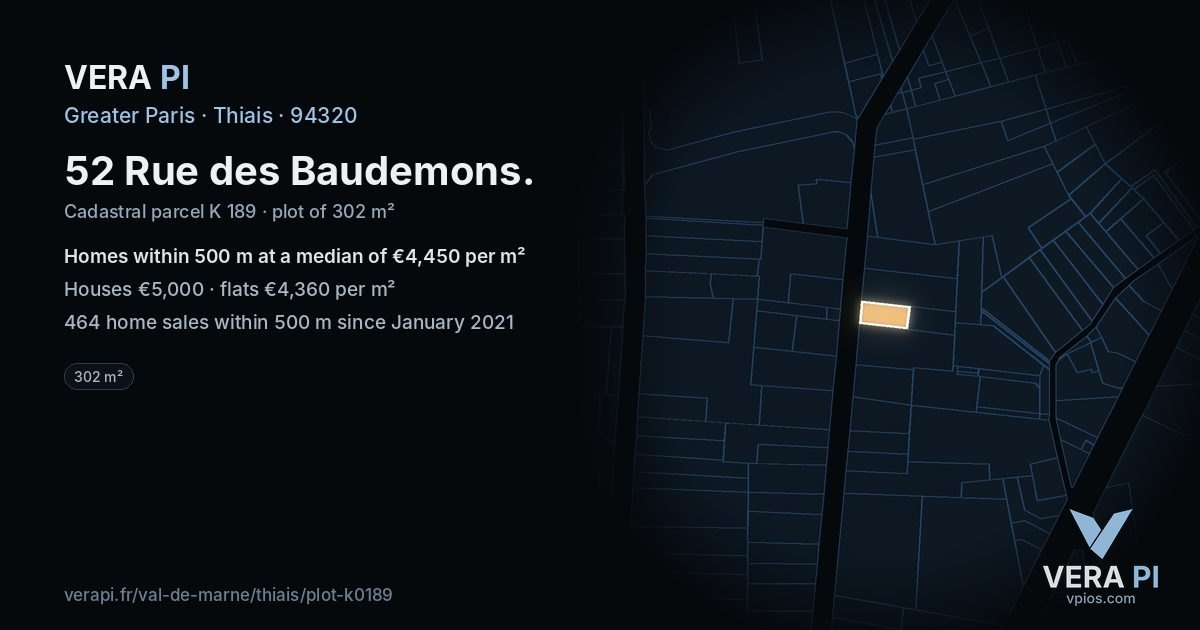 52 Rue des Baudemons, Thiais at night – the plot lit, the parcels around coloured by the prices near them