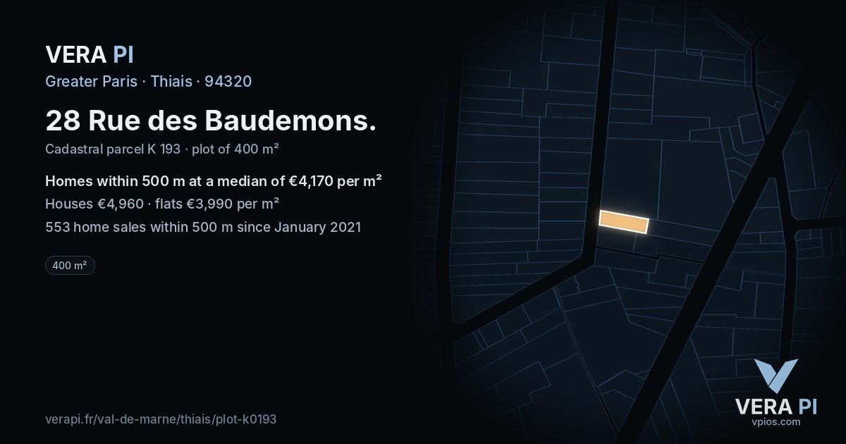 28 Rue des Baudemons, Thiais at night – the plot lit, the parcels around coloured by the prices near them