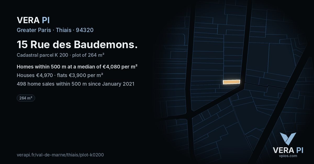 15 Rue des Baudemons, Thiais at night – the plot lit, the parcels around coloured by the prices near them