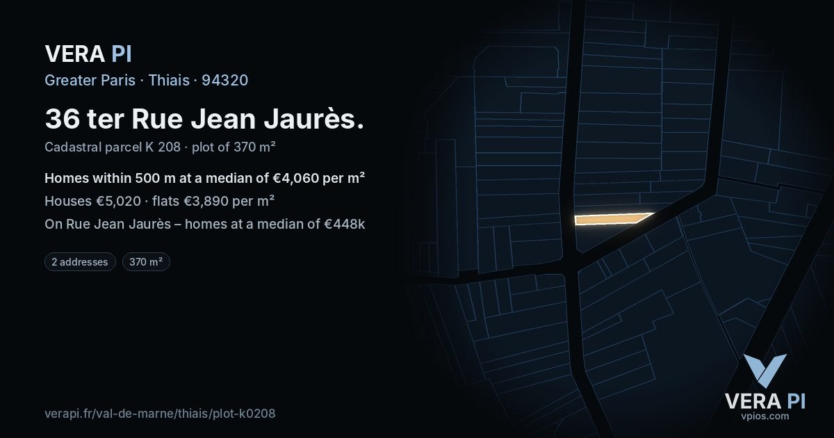 36 ter Rue Jean Jaurès, Thiais at night – the plot lit, the parcels around coloured by the prices near them