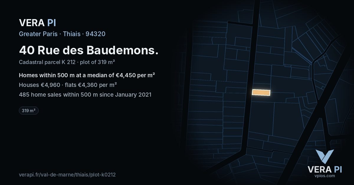 40 Rue des Baudemons, Thiais at night – the plot lit, the parcels around coloured by the prices near them