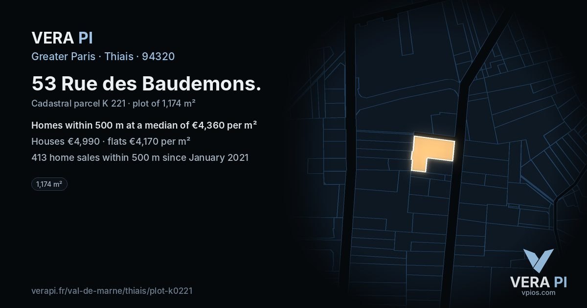53 Rue des Baudemons, Thiais at night – the plot lit, the parcels around coloured by the prices near them