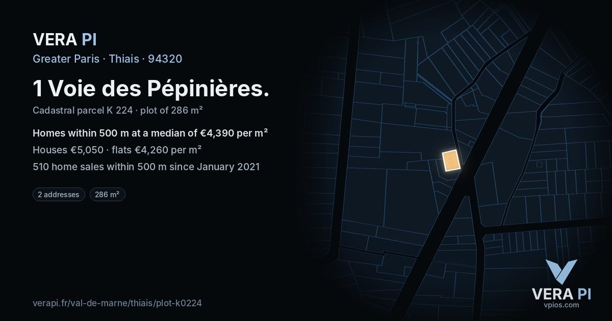 1 Voie des Pépinières, Thiais at night – the plot lit, the parcels around coloured by the prices near them