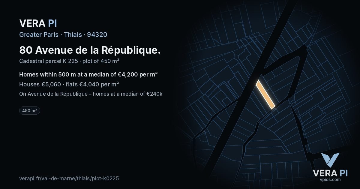 80 Avenue de la République, Thiais at night – the plot lit, the parcels around coloured by the prices near them