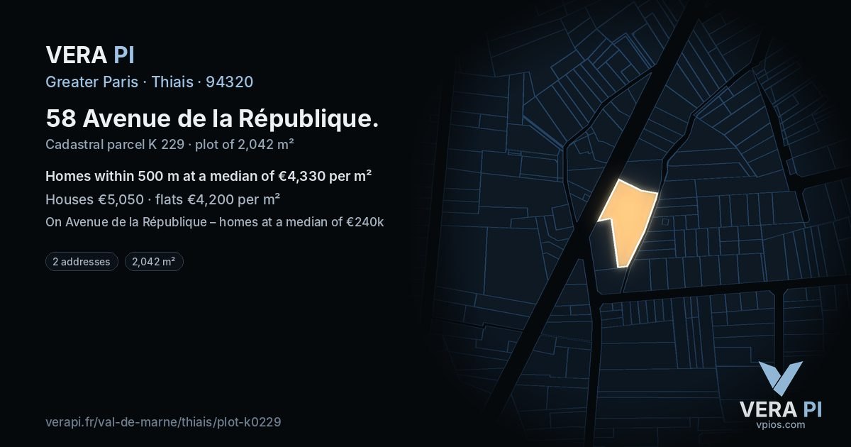 58 Avenue de la République, Thiais at night – the plot lit, the parcels around coloured by the prices near them