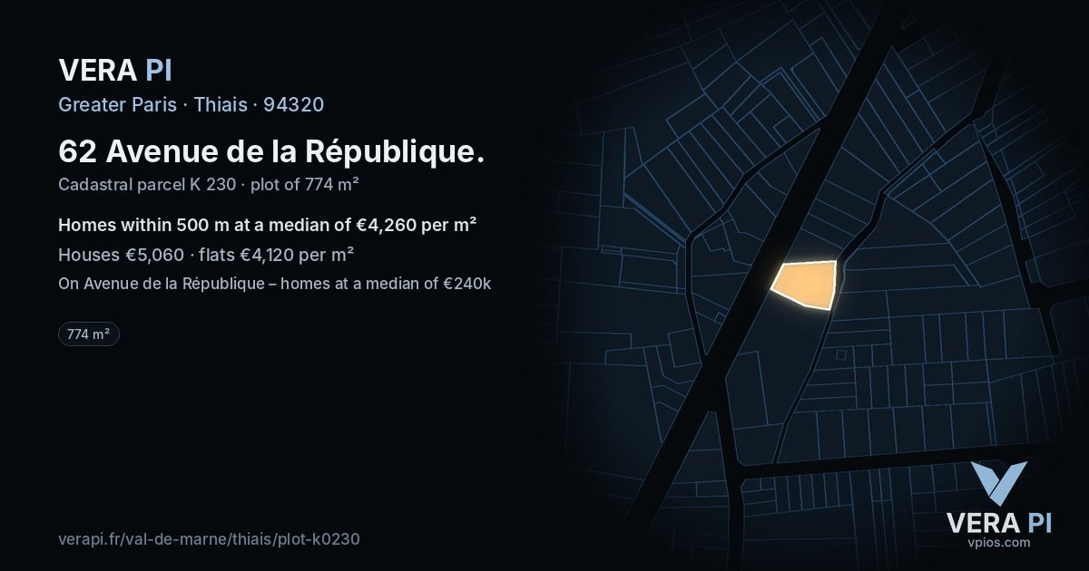 62 Avenue de la République, Thiais at night – the plot lit, the parcels around coloured by the prices near them