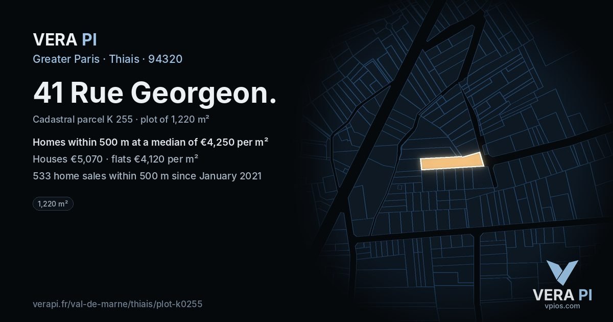 41 Rue Georgeon, Thiais at night – the plot lit, the parcels around coloured by the prices near them