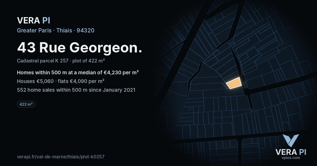 43 Rue Georgeon, Thiais at night – the plot lit, the parcels around coloured by the prices near them