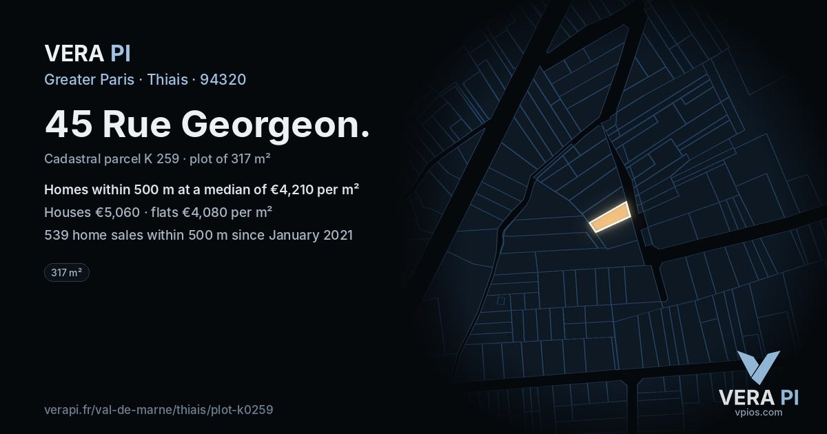 45 Rue Georgeon, Thiais at night – the plot lit, the parcels around coloured by the prices near them
