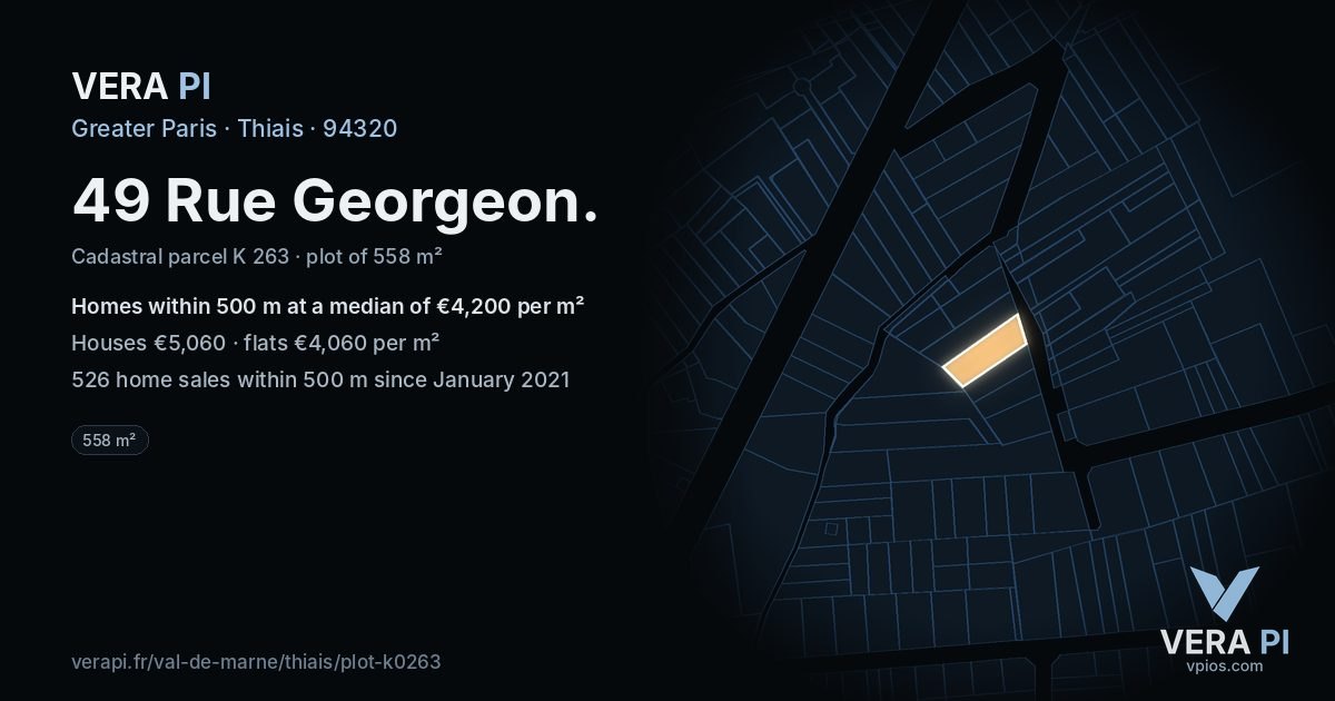49 Rue Georgeon, Thiais at night – the plot lit, the parcels around coloured by the prices near them