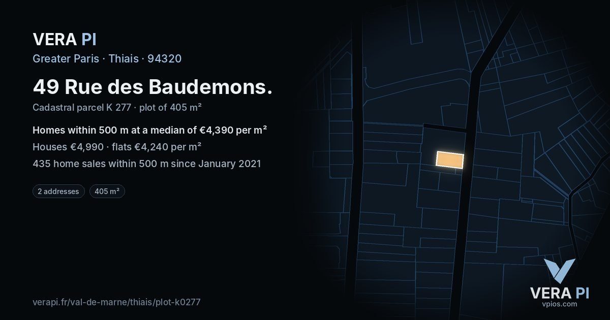 49 Rue des Baudemons, Thiais at night – the plot lit, the parcels around coloured by the prices near them