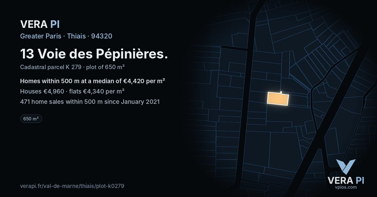 13 Voie des Pépinières, Thiais at night – the plot lit, the parcels around coloured by the prices near them