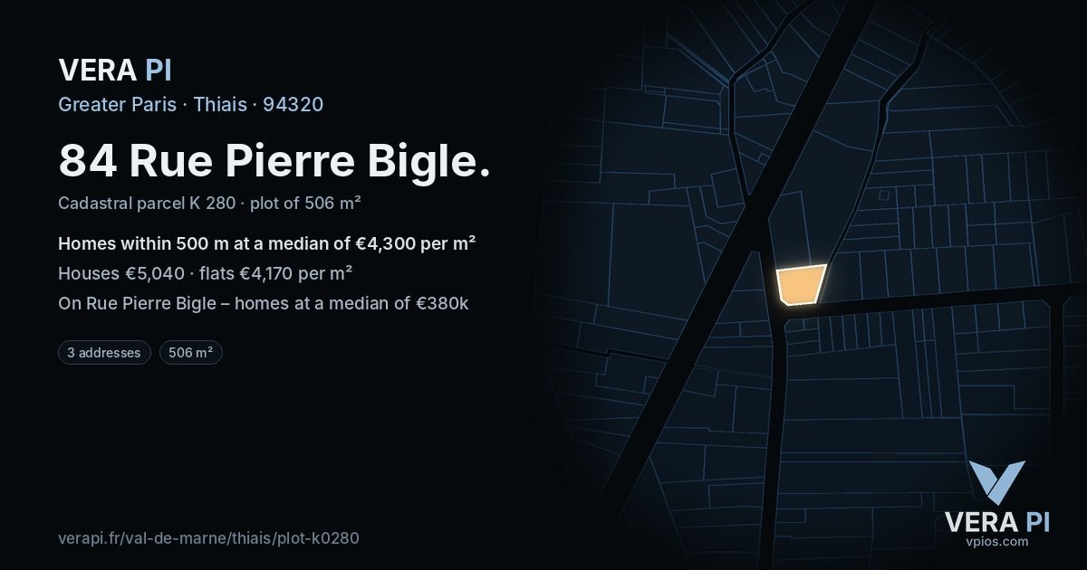 84 Rue Pierre Bigle, Thiais at night – the plot lit, the parcels around coloured by the prices near them