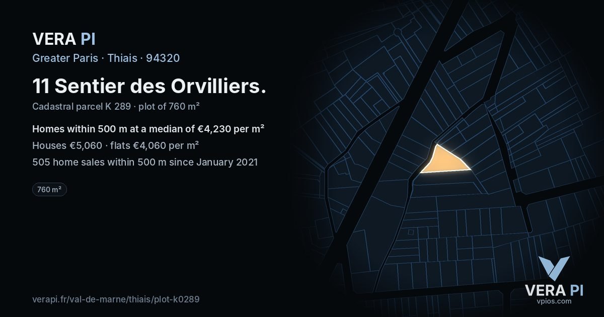 11 Sentier des Orvilliers, Thiais at night – the plot lit, the parcels around coloured by the prices near them