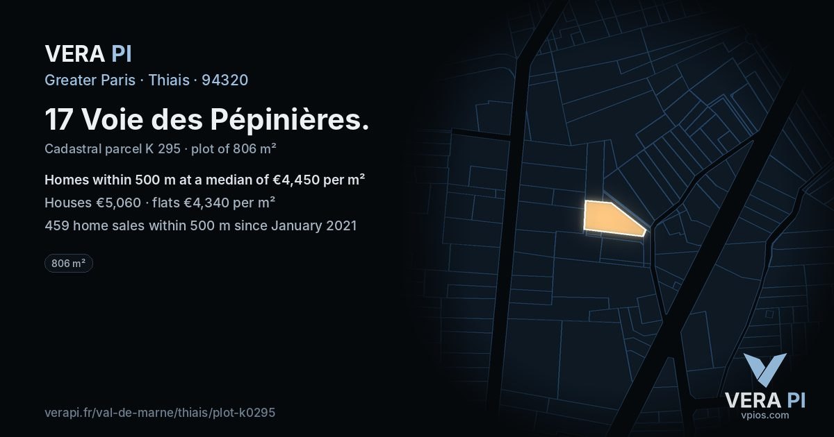 17 Voie des Pépinières, Thiais at night – the plot lit, the parcels around coloured by the prices near them