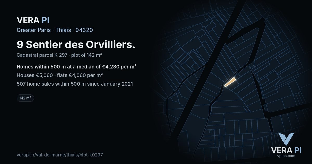 9 Sentier des Orvilliers, Thiais at night – the plot lit, the parcels around coloured by the prices near them