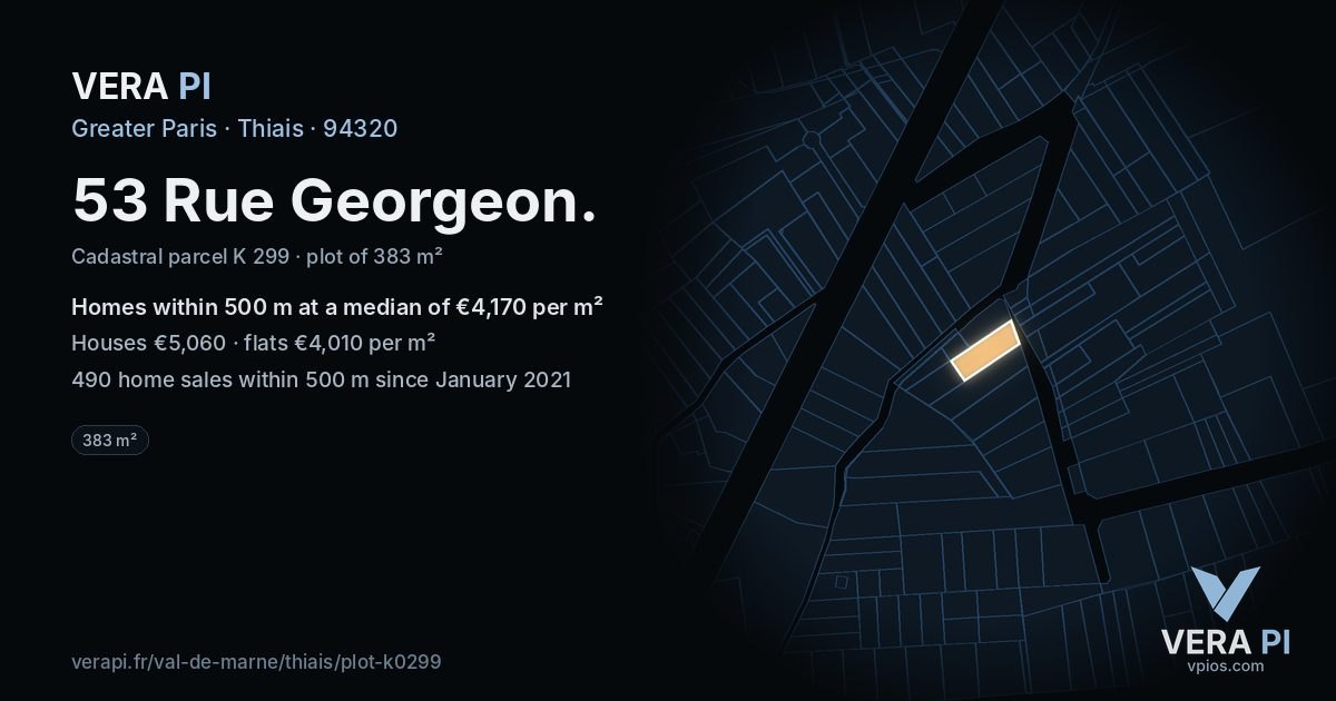 53 Rue Georgeon, Thiais at night – the plot lit, the parcels around coloured by the prices near them