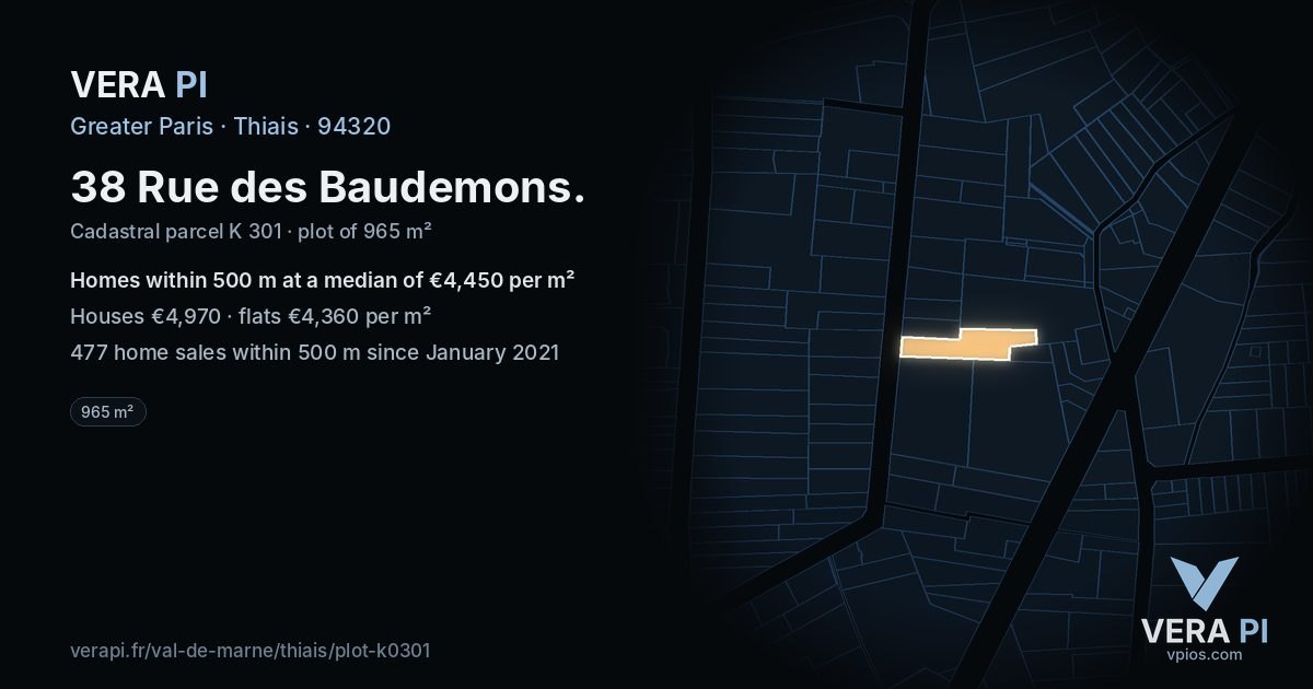 38 Rue des Baudemons, Thiais at night – the plot lit, the parcels around coloured by the prices near them