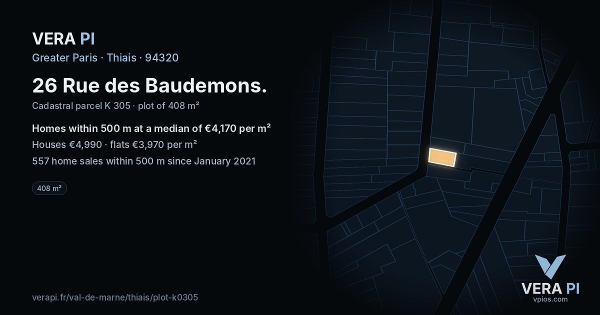 26 Rue des Baudemons, Thiais at night – the plot lit, the parcels around coloured by the prices near them