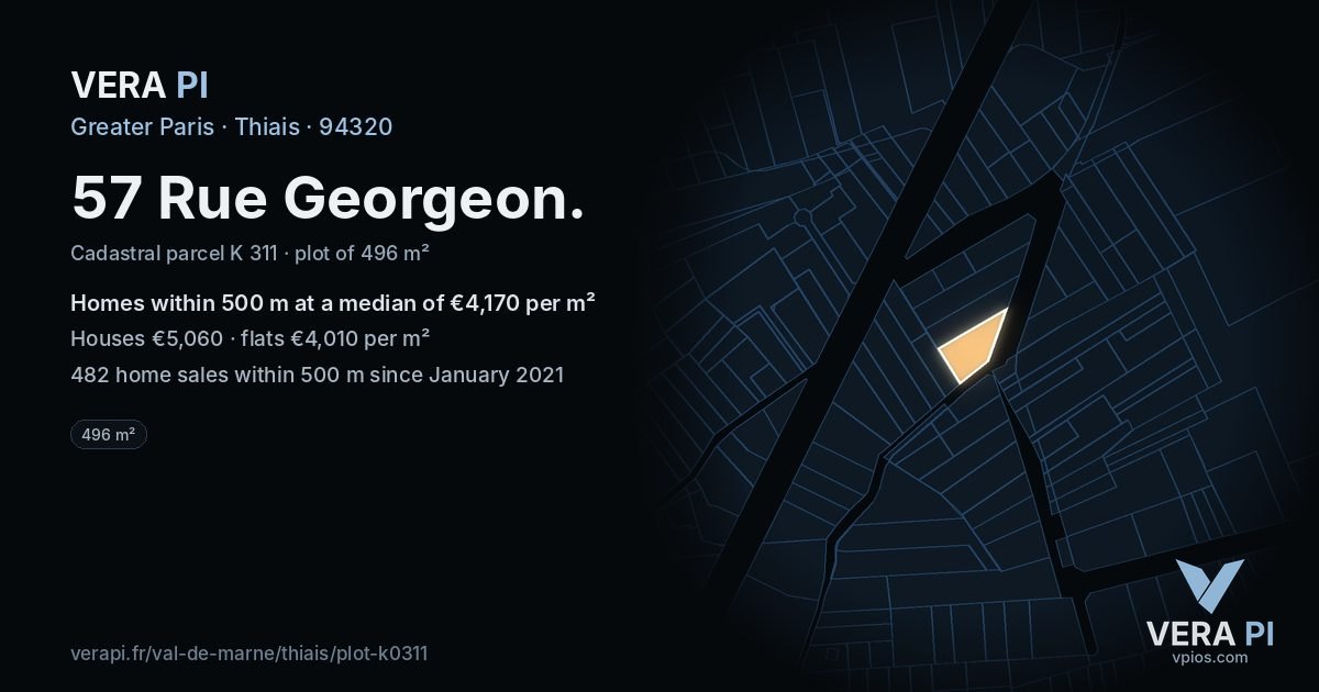 57 Rue Georgeon, Thiais at night – the plot lit, the parcels around coloured by the prices near them