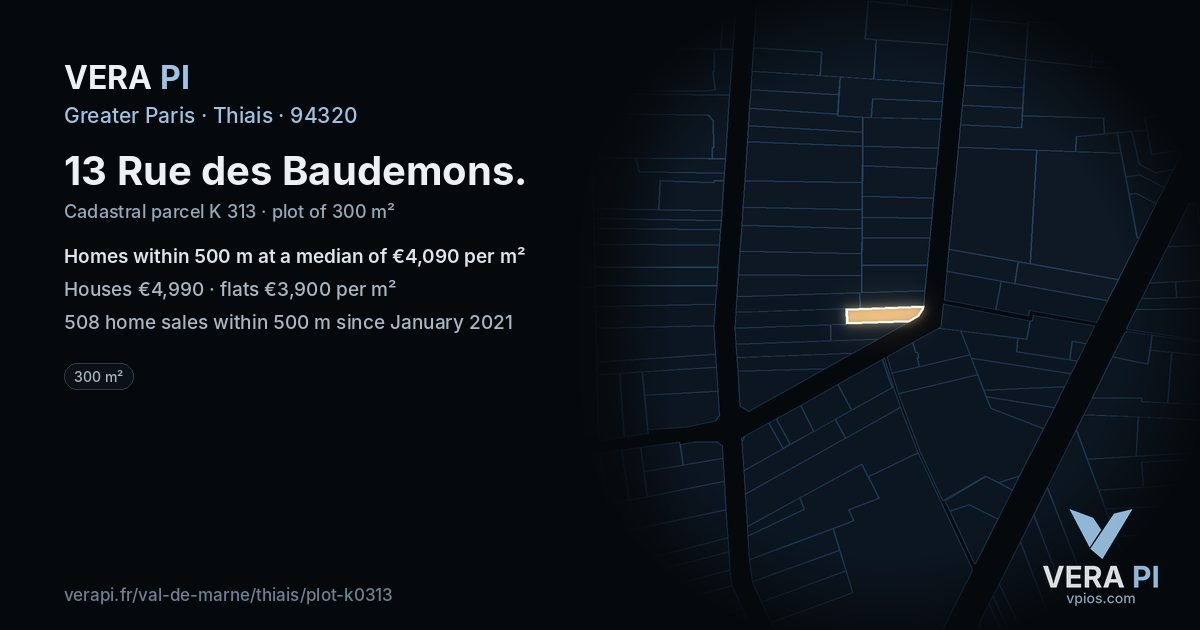 13 Rue des Baudemons, Thiais at night – the plot lit, the parcels around coloured by the prices near them