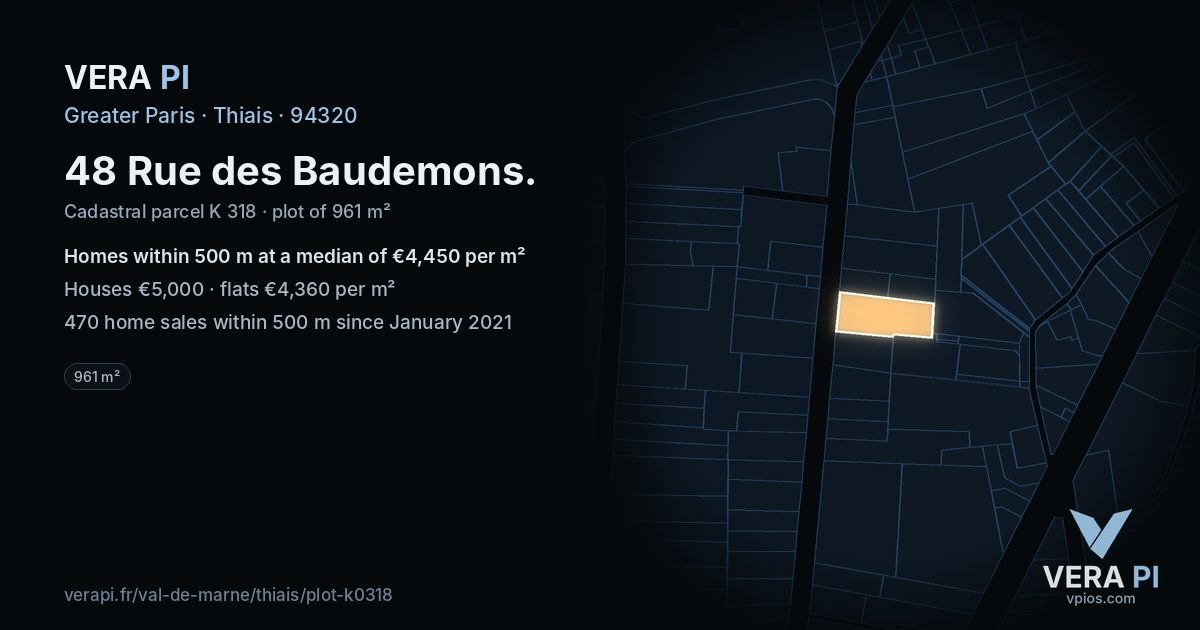 48 Rue des Baudemons, Thiais at night – the plot lit, the parcels around coloured by the prices near them