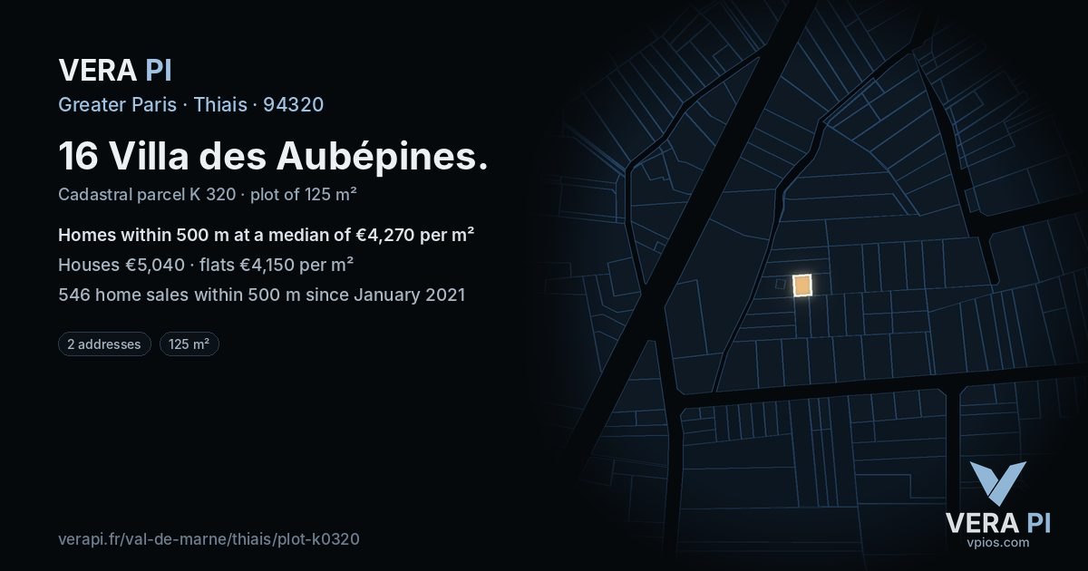16 Villa des Aubépines, Thiais at night – the plot lit, the parcels around coloured by the prices near them