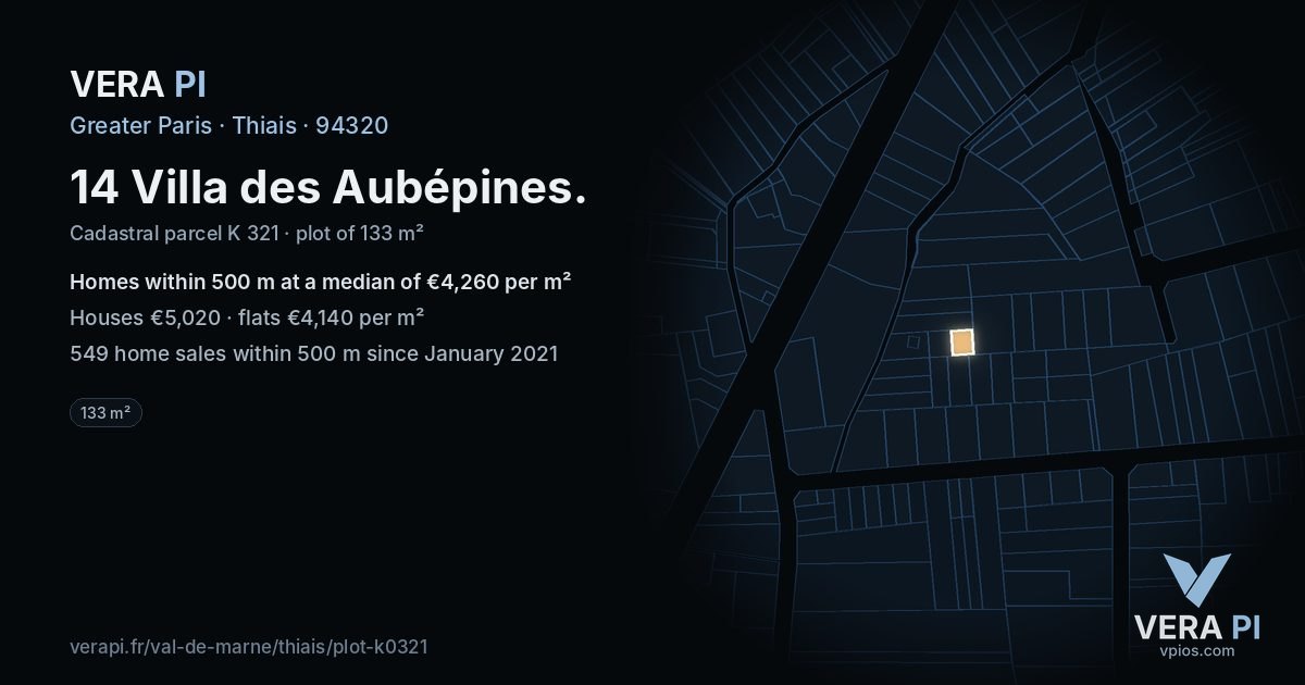 14 Villa des Aubépines, Thiais at night – the plot lit, the parcels around coloured by the prices near them