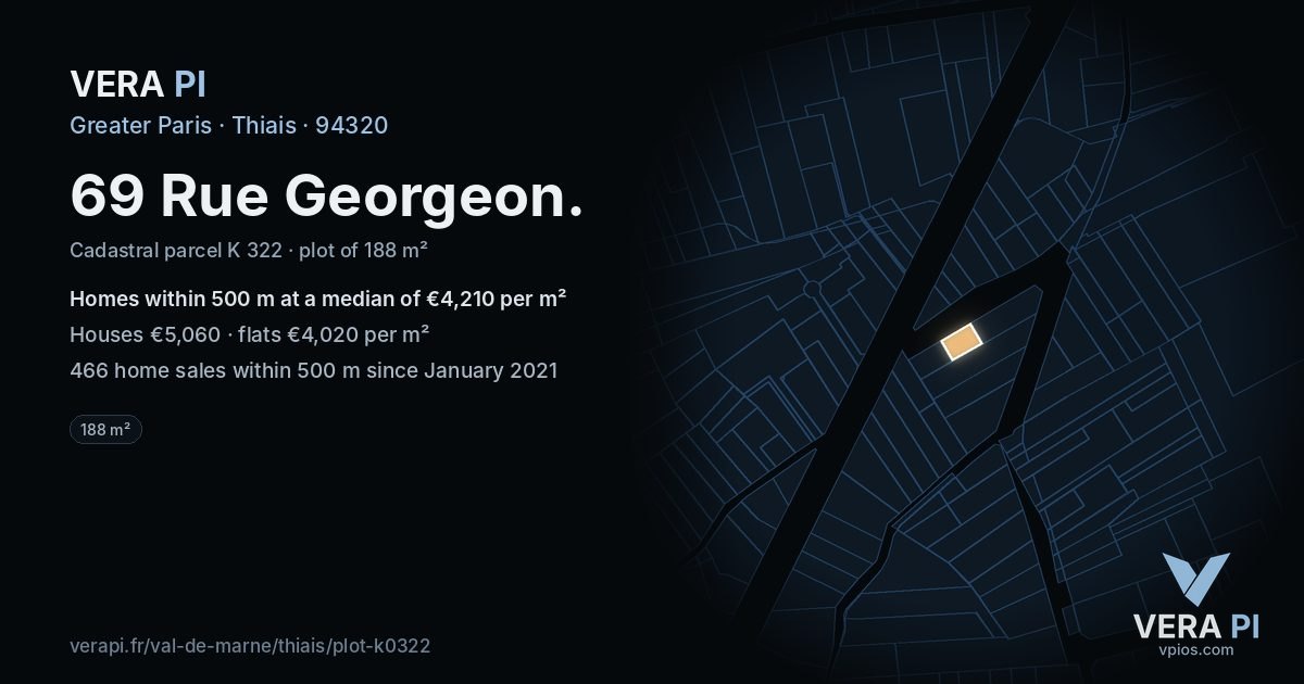 69 Rue Georgeon, Thiais at night – the plot lit, the parcels around coloured by the prices near them