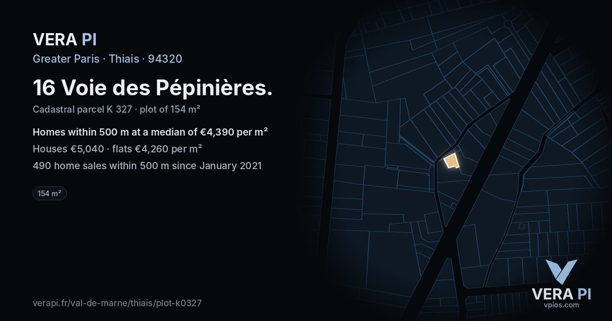 16 Voie des Pépinières, Thiais at night – the plot lit, the parcels around coloured by the prices near them