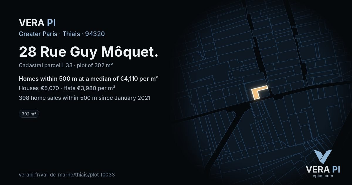 28 Rue Guy Môquet, Thiais at night – the plot lit, the parcels around coloured by the prices near them