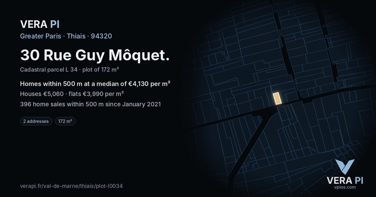 30 Rue Guy Môquet, Thiais at night – the plot lit, the parcels around coloured by the prices near them