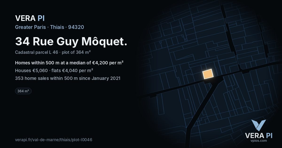 34 Rue Guy Môquet, Thiais at night – the plot lit, the parcels around coloured by the prices near them