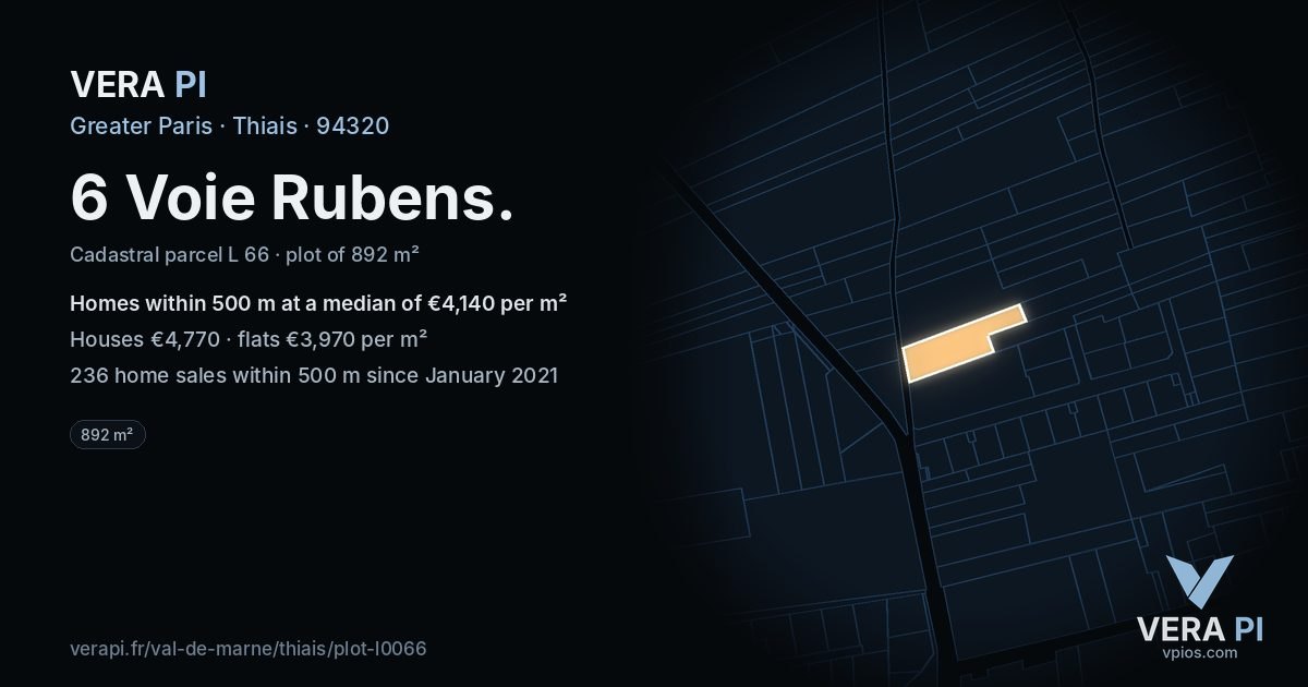 6 Voie Rubens, Thiais at night – the plot lit, the parcels around coloured by the prices near them