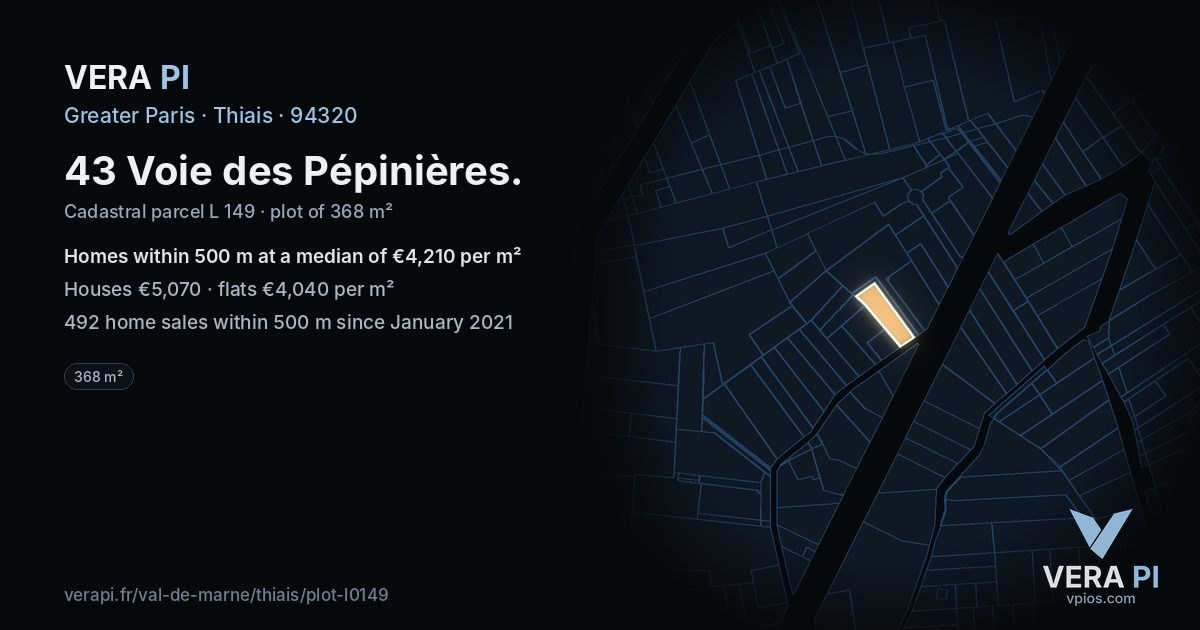 43 Voie des Pépinières, Thiais at night – the plot lit, the parcels around coloured by the prices near them