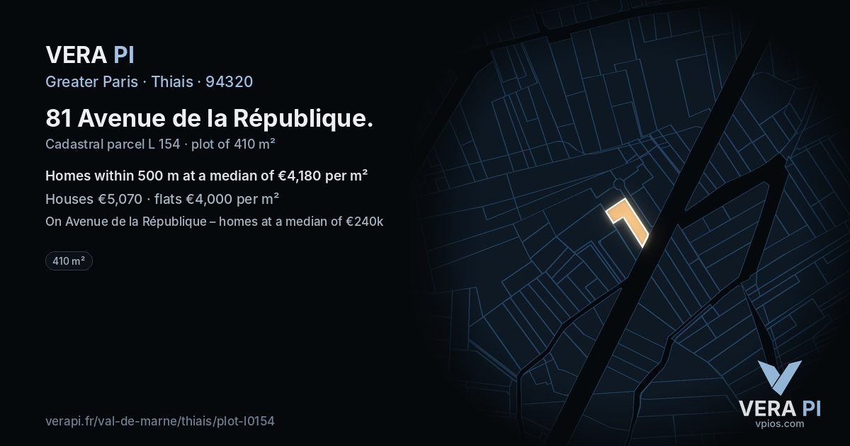 81 Avenue de la République, Thiais at night – the plot lit, the parcels around coloured by the prices near them