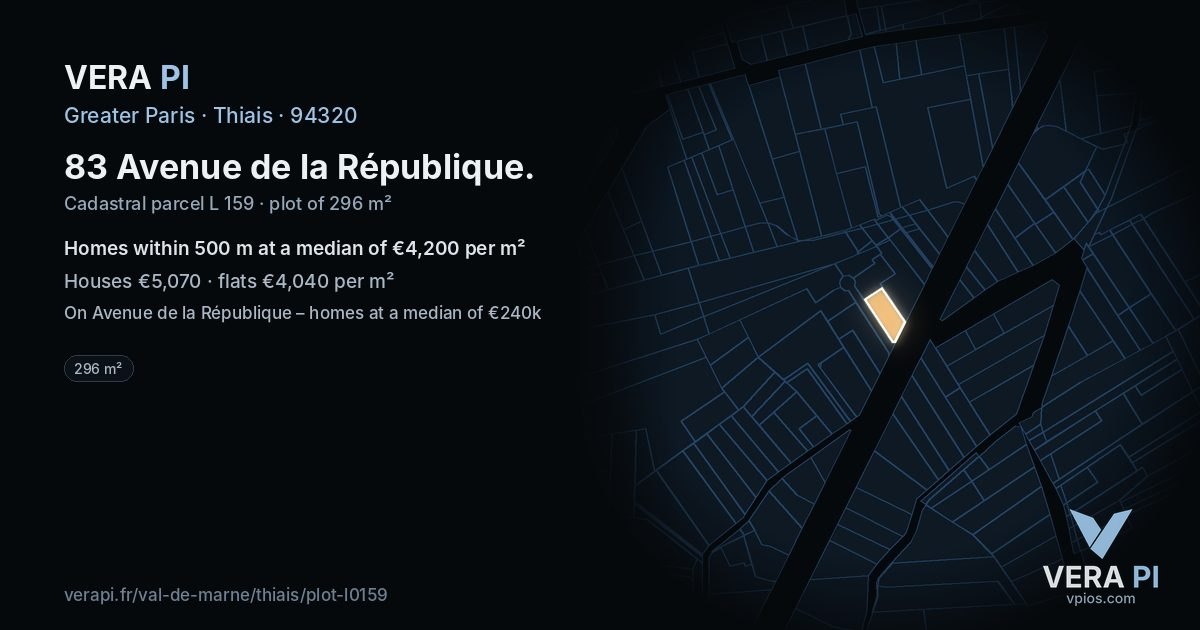 83 Avenue de la République, Thiais at night – the plot lit, the parcels around coloured by the prices near them