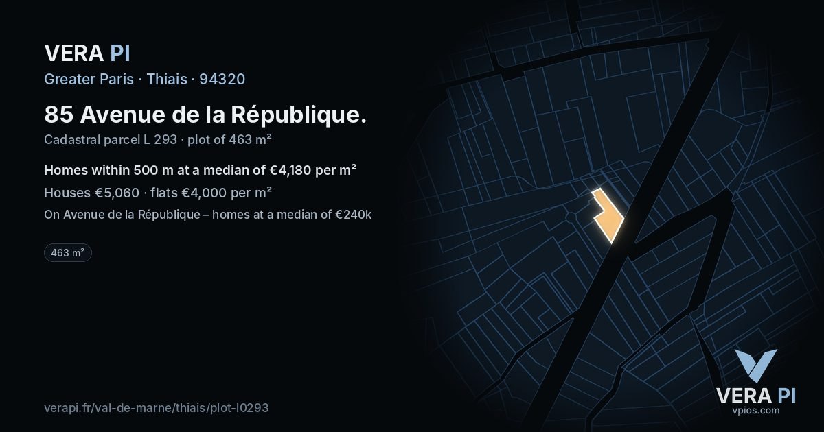 85 Avenue de la République, Thiais at night – the plot lit, the parcels around coloured by the prices near them